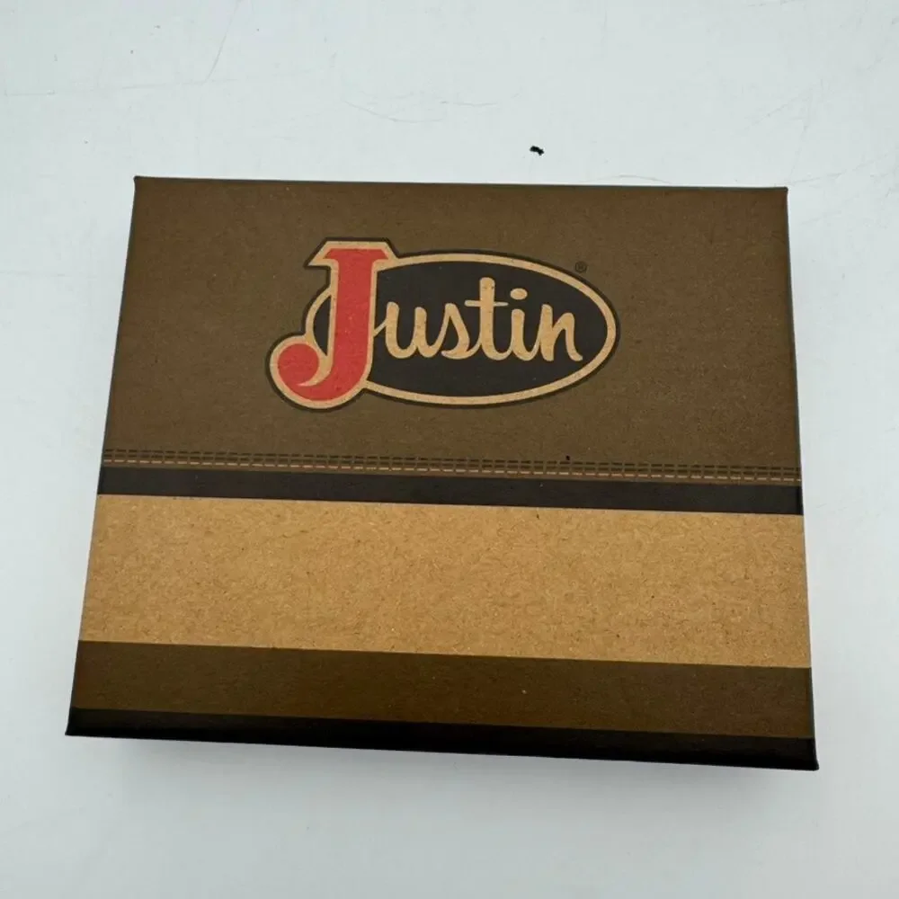 Justin Slim Bifold RFID Wallet Genuine Leather Western Stitch Brown Gift Box NIB